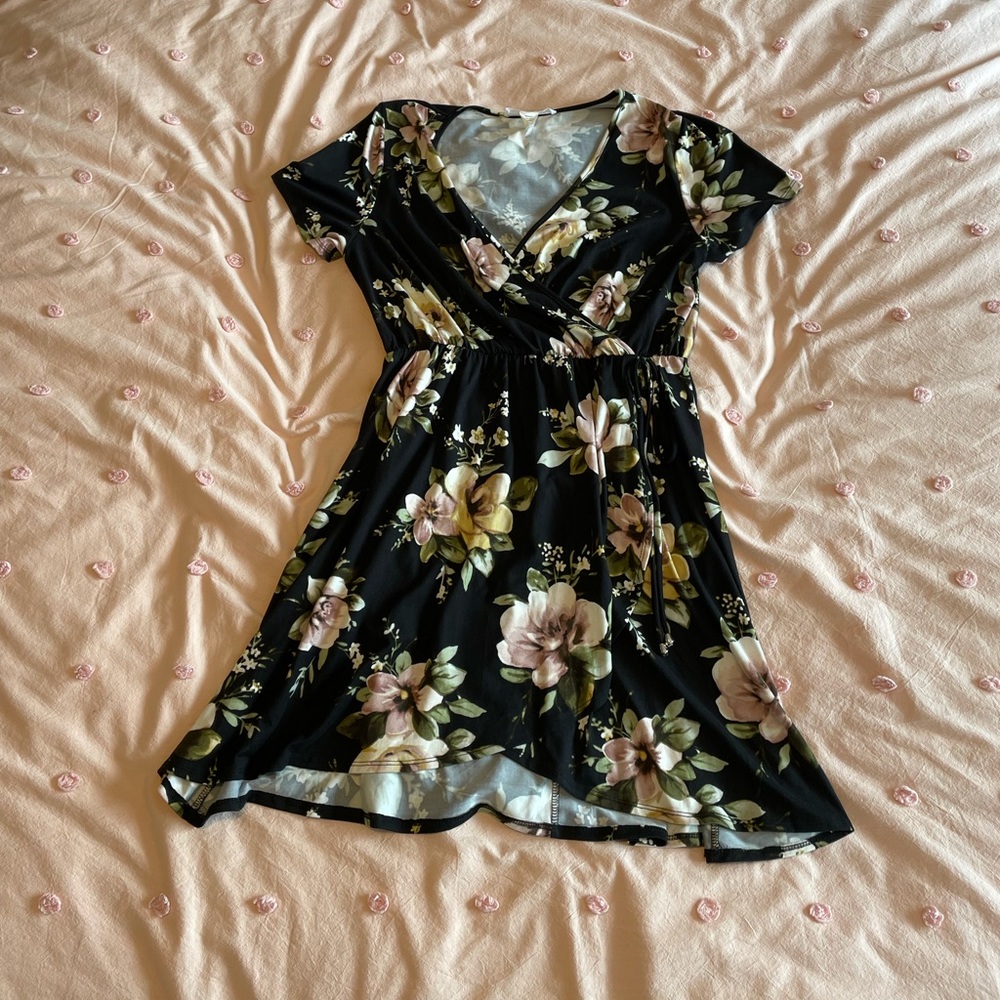 Black Floral Print Faux Wrap Dress